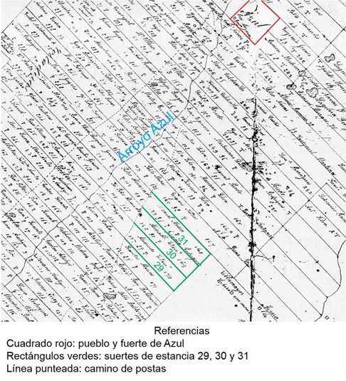 Fragmento del “Plano del Partido Arroyo Azul construido por el Sargento Mayor Don Juan Cornell” (1859), donde figura la localización de las tres suertes solicitadas