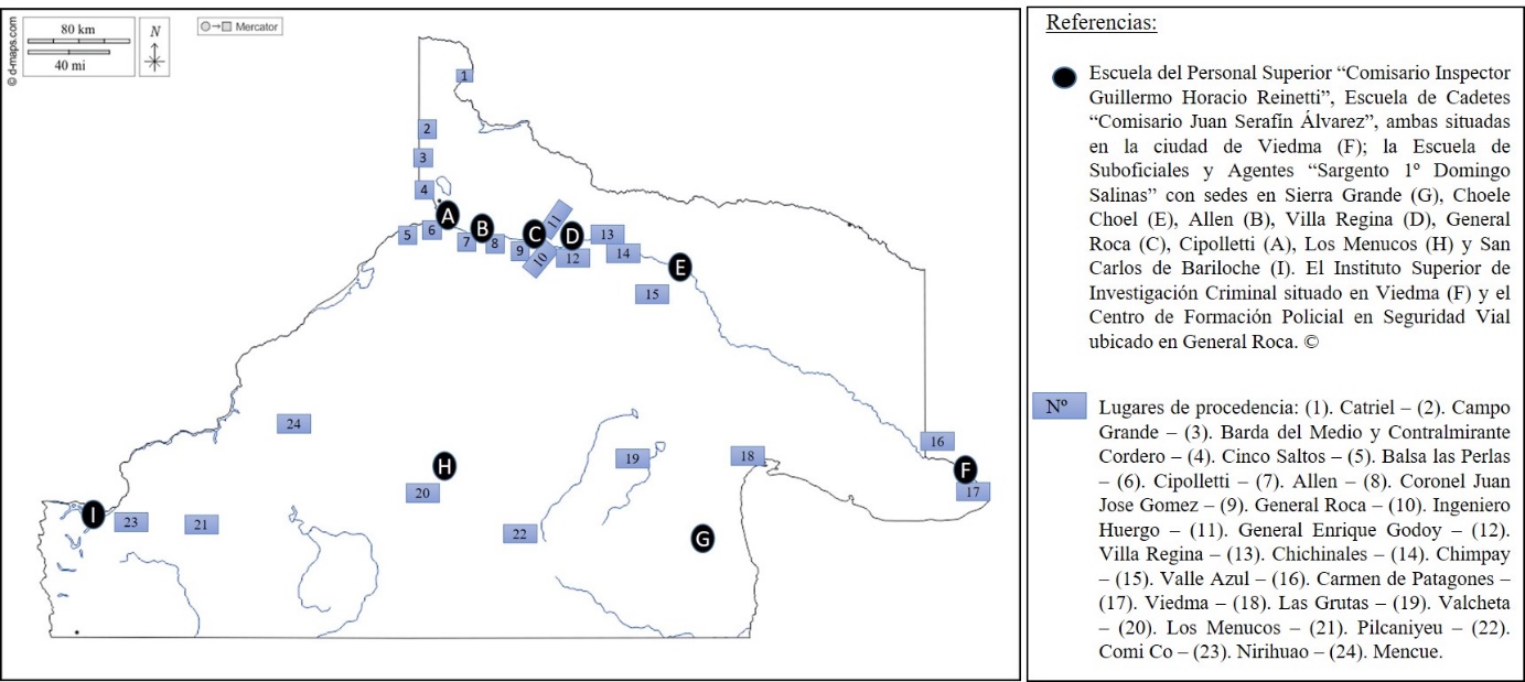Mapa de Río Negro con ubicaciones de centros de formación policial y lugares de procedencias de trabajadores/as policiales