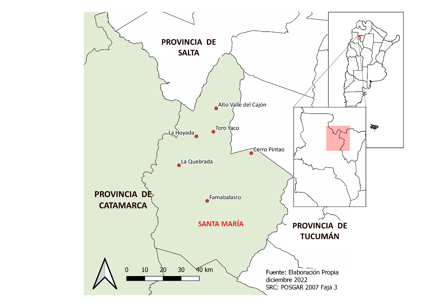 Ubicación de las comunidades diaguitas que integran la UPND Catamarca en el departamento Santa María