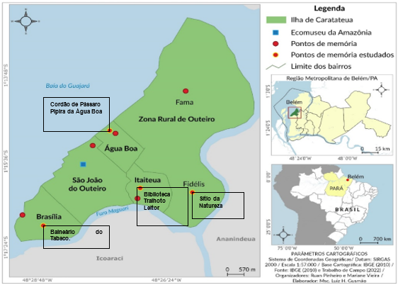 Mapa  de Localização da Ilha de Caratateua – PA, com destaque para os  pontos de memória analisados